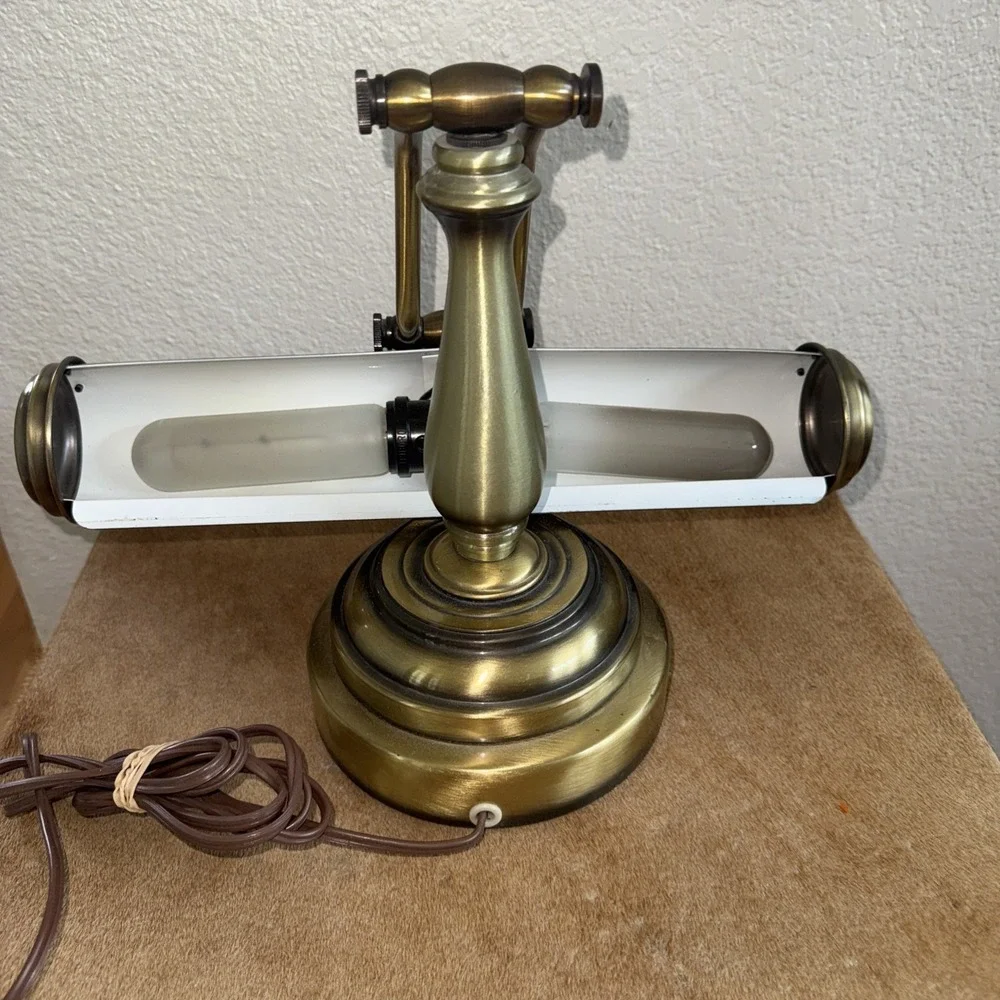 Vintage Brass Colored Metal Desk Piano Bankers Adjustable Double Arm Lamp WORKS!